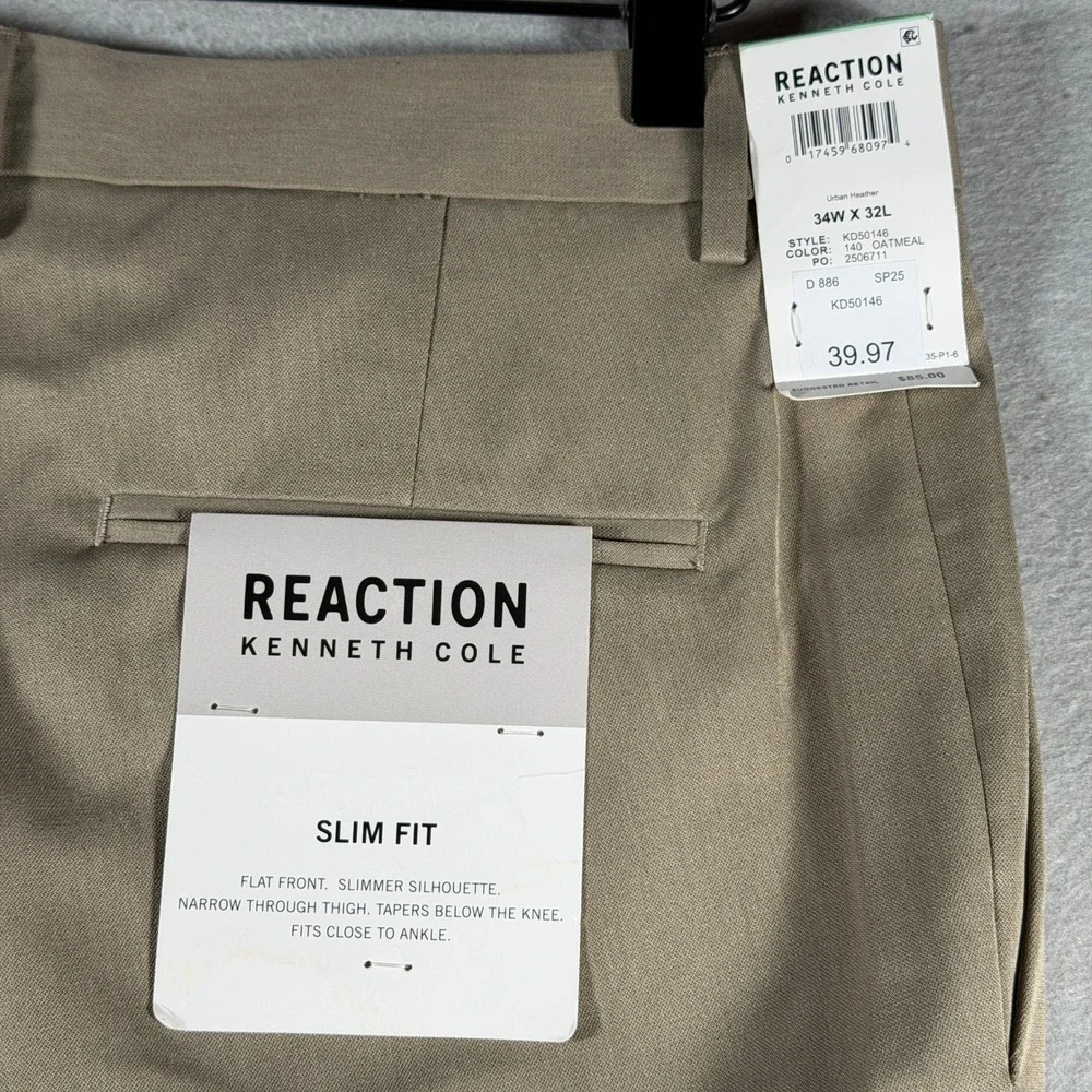 Reaction Kenneth Cole Men Slim Fit Dress Pants Oatmeal Heather 34x32 KD50146 NWT